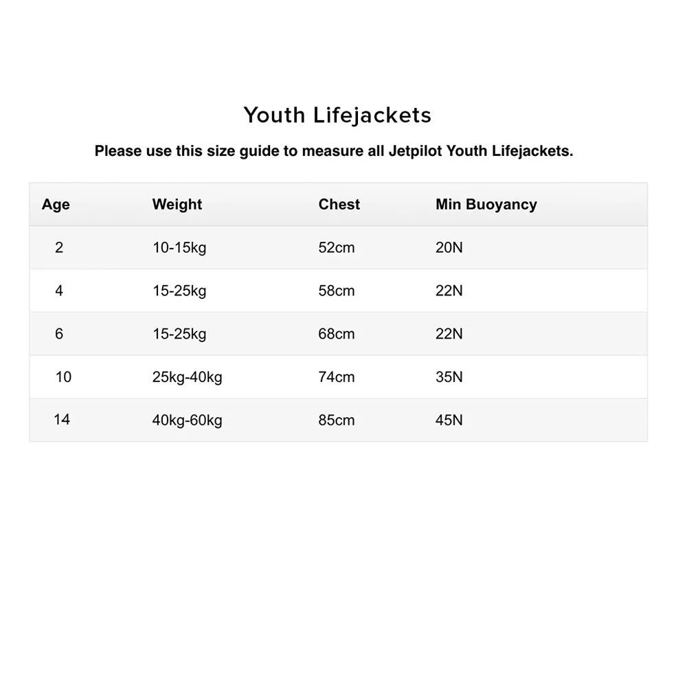 размерная линейка JETPILOT детские жилеты